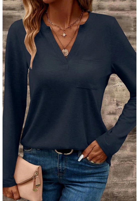 Solid color long sleeve tee
  Notched V
  neckline
  Patched pocket for added detail
  Flattering fit
  High
  quality fabric
  Available in multiple sizes with high elasticity
Material: 75% Polyester 20% Viscose 5% Elastane