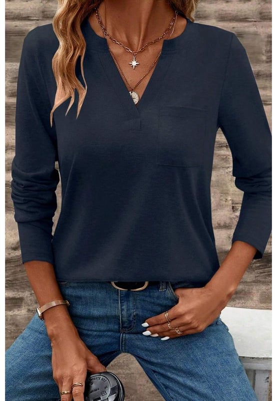 Solid color long sleeve tee
  Notched V
  neckline
  Patched pocket for added detail
  Flattering fit
  High
  quality fabric
  Available in multiple sizes with high elasticity
Material: 75% Polyester 20% Viscose 5% Elastane