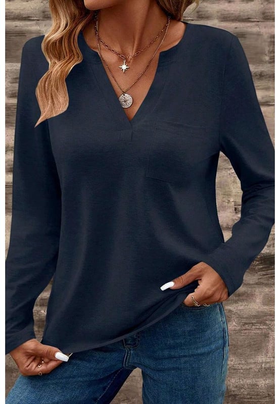Solid color long sleeve tee
  Notched V
  neckline
  Patched pocket for added detail
  Flattering fit
  High
  quality fabric
  Available in multiple sizes with high elasticity
Material: 75% Polyester 20% Viscose 5% Elastane