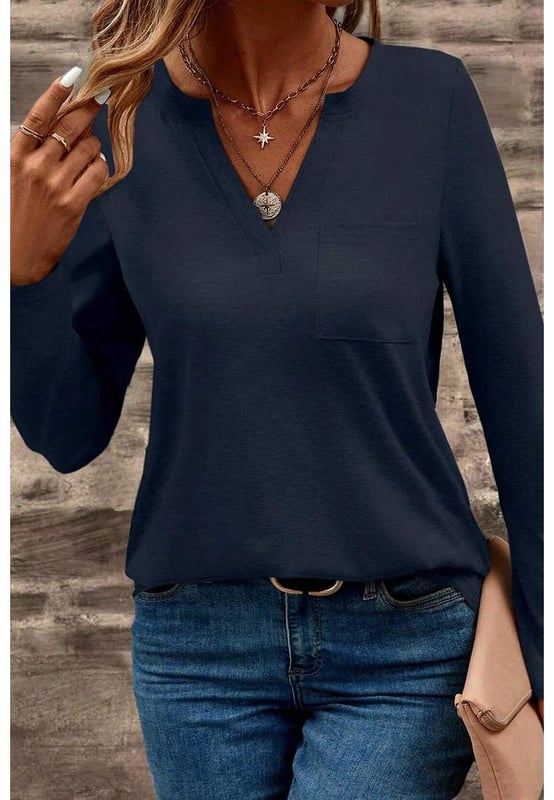 Solid color long sleeve tee
  Notched V
  neckline
  Patched pocket for added detail
  Flattering fit
  High
  quality fabric
  Available in multiple sizes with high elasticity
Material: 75% Polyester 20% Viscose 5% Elastane