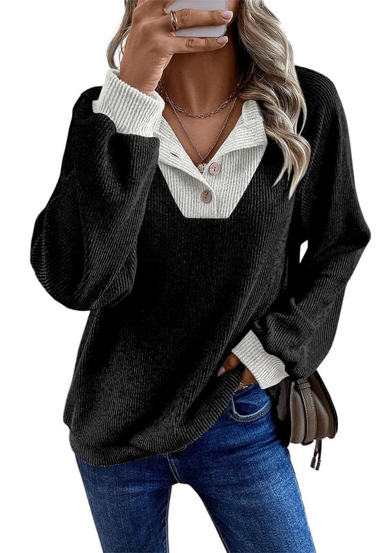 Top de manga larga con contraste de color negro  
El panel de contraste de color añade un detalle elegante  
La textura ribeteada realza el diseño  
Corte holgado para un uso cómodo y relajado  
Fácil de combinar con jeans, zapatillas y bolsos  
Ideal para looks casuales o athleisure  
Material: 97% poliéster, 3% elastano