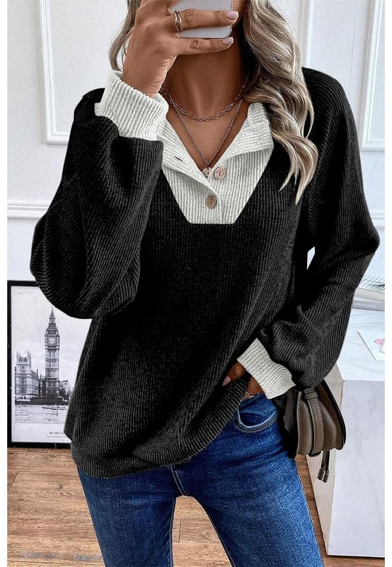 Top de manga larga con contraste de color negro  
El panel de contraste de color añade un detalle elegante  
La textura ribeteada realza el diseño  
Corte holgado para un uso cómodo y relajado  
Fácil de combinar con jeans, zapatillas y bolsos  
Ideal para looks casuales o athleisure  
Material: 97% poliéster, 3% elastano