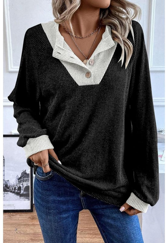 Top de manga larga con contraste de color negro  
El panel de contraste de color añade un detalle elegante  
La textura ribeteada realza el diseño  
Corte holgado para un uso cómodo y relajado  
Fácil de combinar con jeans, zapatillas y bolsos  
Ideal para looks casuales o athleisure  
Material: 97% poliéster, 3% elastano