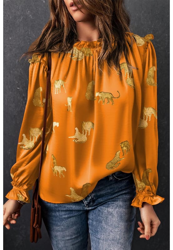 Soft and cozy with featherweight
  like fabric
  Frilled collar and ruffled bubble sleeve
  Elegant and feminine
  Classic and popular cheetah print
  Womens blouses and shirts with fine quality and low prices
  Size chart available for your convenience
Material: 100% Polyester