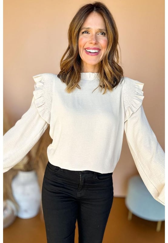 Blusa blanca lisa con diseño de hombros acampanados y fruncidos  
El cuello con volantes añade un toque discreto y elegante  
Diseño de mangas tipo burbuja para un look femenino  
Perfecta para mujeres modernas de diferentes tipos de cuerpo y edades  
Ideal para cualquier ocasión  
Descubre nuestra colección de blusas dropship para mujeres con estilos a la moda y precios atractivos  
Tabla de tallas disponible  
Material: 100% Poliéster