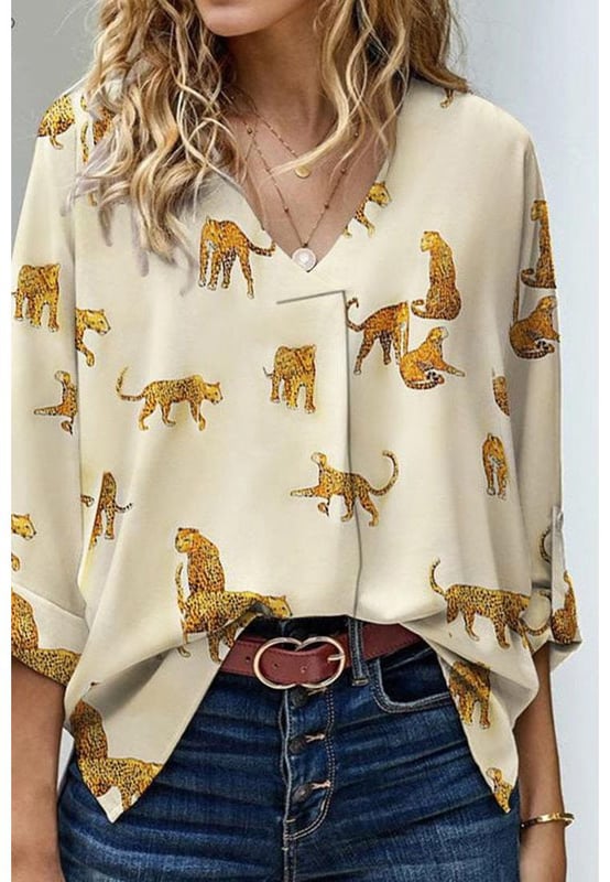 Apricot Printed Leopard Print Tab Sleeve Loose Fit V Neck Blouse
  Smooth and soft material
  Sexy wild animal print all over
  Relaxed fit style is cozy and suitable for most body types
  Tab sleeve is chic and unique
  Perfect for all seasons
  Comes in different sizes
  Refer to the size chart for the perfect fit