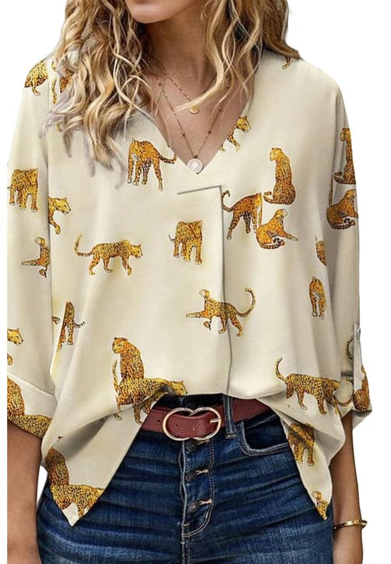 Apricot Printed Leopard Print Tab Sleeve Loose Fit V Neck Blouse
  Smooth and soft material
  Sexy wild animal print all over
  Relaxed fit style is cozy and suitable for most body types
  Tab sleeve is chic and unique
  Perfect for all seasons
  Comes in different sizes
  Refer to the size chart for the perfect fit