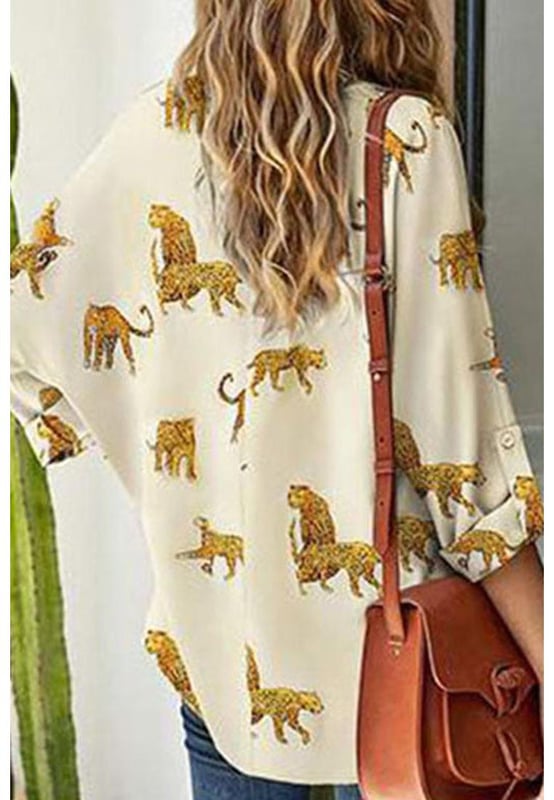 Apricot Printed Leopard Print Tab Sleeve Loose Fit V Neck Blouse
  Smooth and soft material
  Sexy wild animal print all over
  Relaxed fit style is cozy and suitable for most body types
  Tab sleeve is chic and unique
  Perfect for all seasons
  Comes in different sizes
  Refer to the size chart for the perfect fit