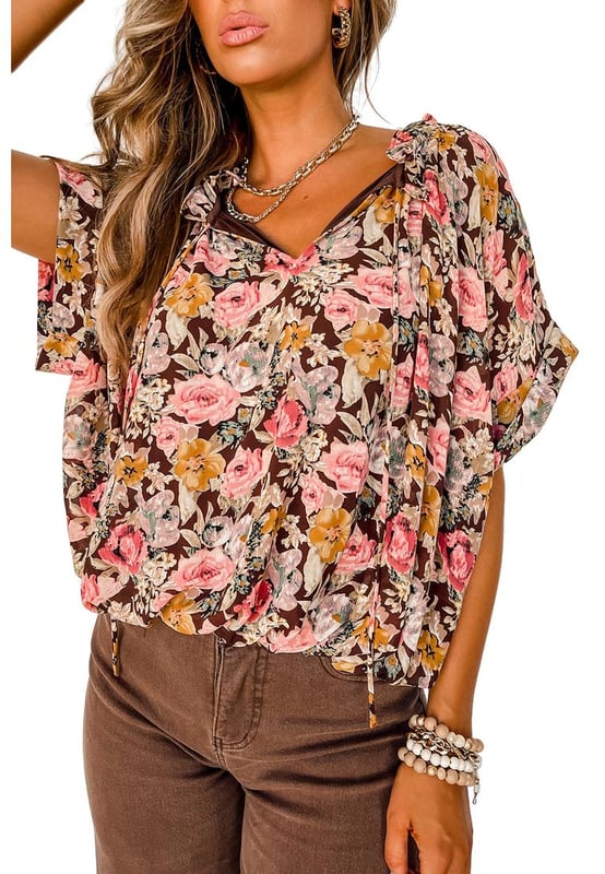Pink floral print
  Bubble hem
  Split neck design
  Cuffed short sleeves
  Loose fit
  Versatile pairing options
  Check out our Dropship women?? blouses collection for more chic styles
  See the size chart for the perfect fit
Material: 100% Polyester