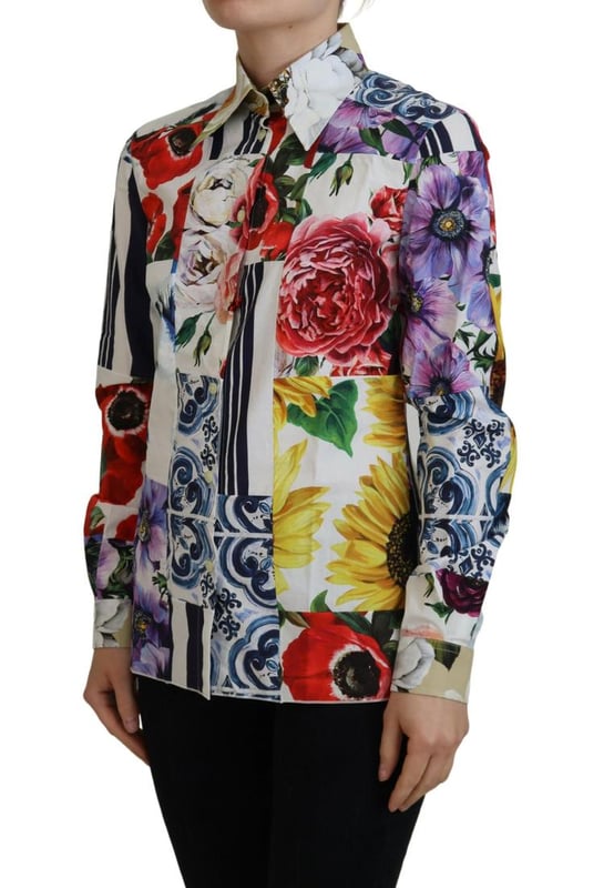 Brand new with tags
  100% Authentic Dolce & Gabbana
  Floral collared long sleeves top
  Made in Italy
  Multicolor floral print
  Button front closure
  Logo details
  Material: 100% Cotton
  Gender: Women