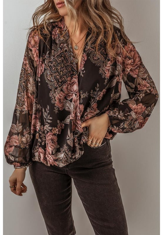 Black floral print
  V neck wrap design
  Balloon sleeves
  Loose fit for comfort
  Fresh and feminine look
  Trendy and chic silhouette
Material: 100% Polyester