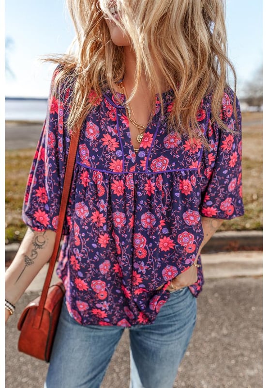 Floral pattern throughout
  Split neck design
  Half sleeves
  Loose fit style
  Flattering and comfortable
  Fine cutting and fabric
  Perfect for pairing with jeans
Material: 100% Polyester