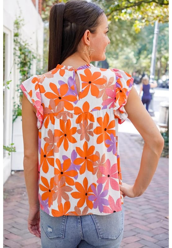 Orange Ruffled Sleeve Smocked Floral Top
  Lightweight and perfect for summer
  Frilled collar smocked chest and keyhole with button back
  Ruffled sleeves
  Available in sizes S M L and XL
Material: 100% Polyester