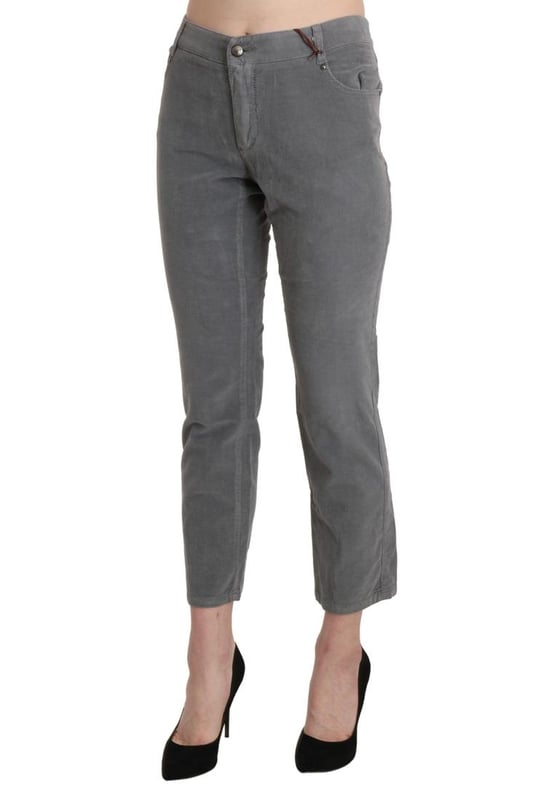 Brand: Ermanno Scervino
  Material: 97% Cotton 3% Elastane
  Color: Gray
  Style: Mid Waist Cropped Trouser
  Closure: Zipper
  Details: Logo
  Made in Italy
