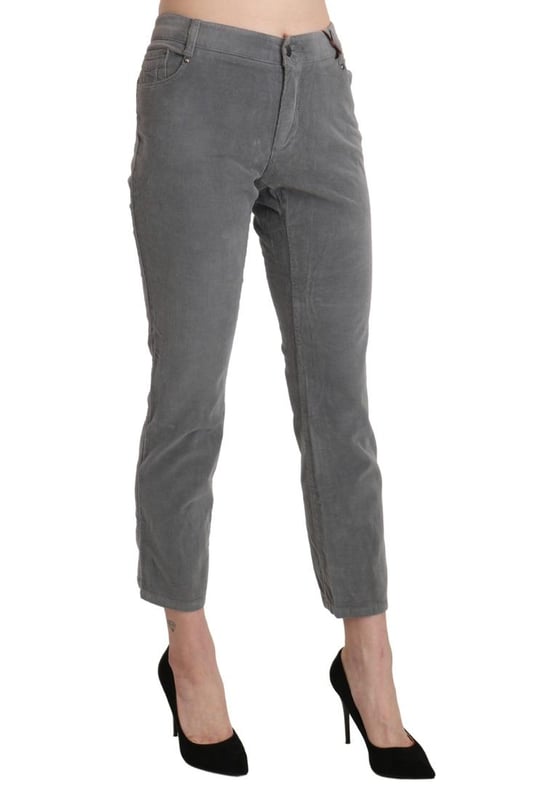 Brand: Ermanno Scervino
  Material: 97% Cotton 3% Elastane
  Color: Gray
  Style: Mid Waist Cropped Trouser
  Closure: Zipper
  Details: Logo
  Made in Italy
