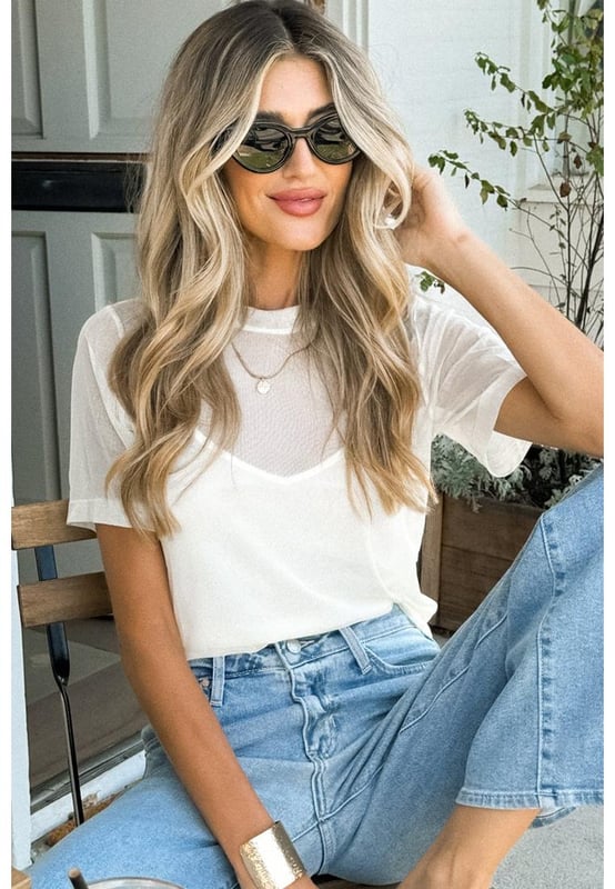 Solid white color for versatile styling
  Intricate sheer mesh patchwork detailing
  Classic short sleeves for comfort
  Flattering crew neck design
  High elasticity for a comfortable fit
Material: 95% Polyamide 5% Elastane