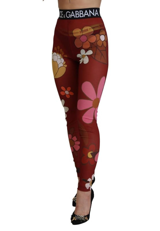 Pantalones leggings florales rojos con cintura elástica  
100% Auténtico Dolce & Gabbana  
Diseño de cintura alta  
Impresión floral multicolor  
Cintura elástica con logo en negro  
Hecho en Italia  
Material: 20% EA 80% PA