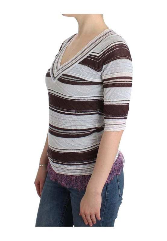 Brand: Ermanno Scervino
  Style: Striped V
  Neck Knit Top with Lace Hem
  Material: Rayon blend
  Color: Multicolor
  Neckline: V
  neck
  Details: Lace hem
  Logo details
  Gender: Women