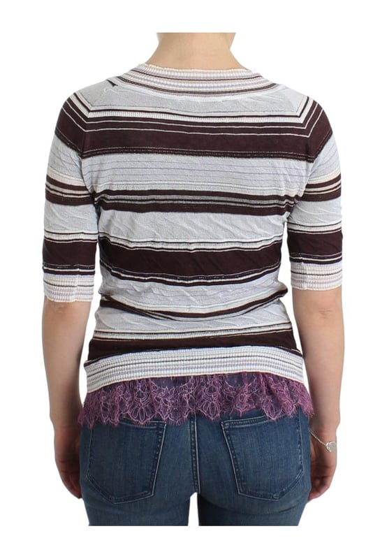 Brand: Ermanno Scervino
  Style: Striped V
  Neck Knit Top with Lace Hem
  Material: Rayon blend
  Color: Multicolor
  Neckline: V
  neck
  Details: Lace hem
  Logo details
  Gender: Women
