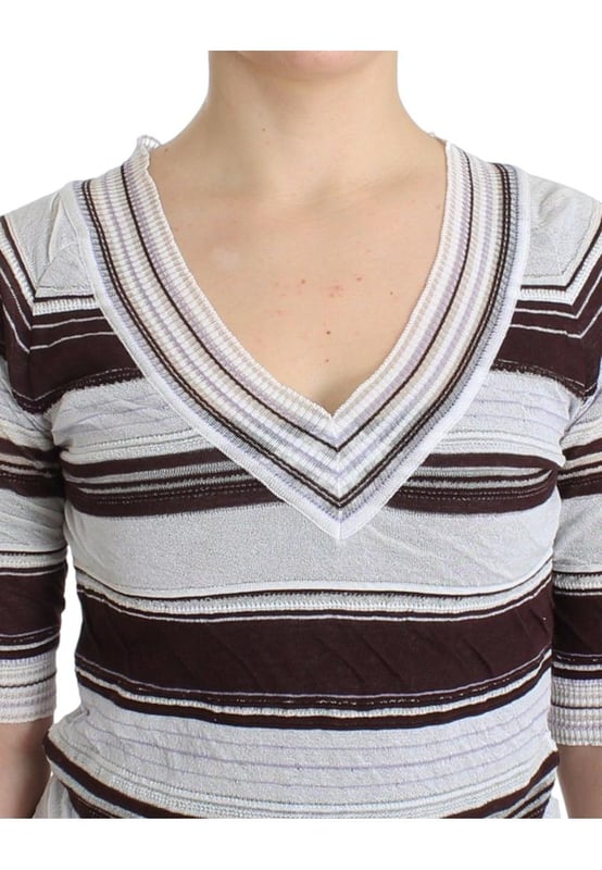 Brand: Ermanno Scervino
  Style: Striped V
  Neck Knit Top with Lace Hem
  Material: Rayon blend
  Color: Multicolor
  Neckline: V
  neck
  Details: Lace hem
  Logo details
  Gender: Women