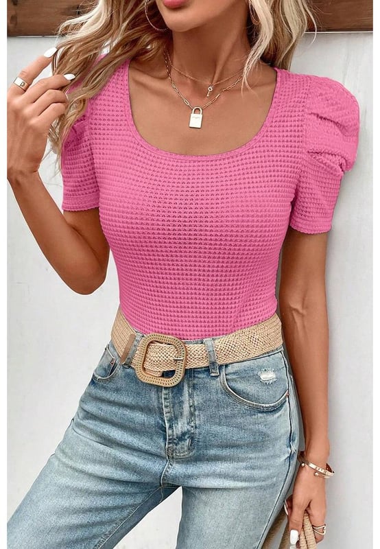 Bright pink color
  Waffle knit texture
  Stretchy and flattering fabric
  Slim fit style
  Ruched puff sleeves
  Sexy neckline
  Textured fabric is on trend
  Perfect for dressing up or down
  Check size chart for proper fit
Material: 95% Polyester 5% Elastane