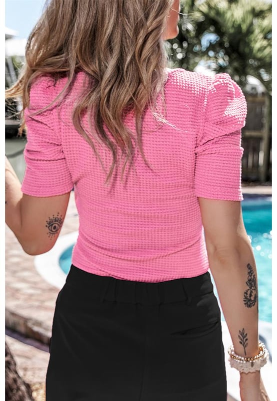Bright pink color
  Waffle knit texture
  Stretchy and flattering fabric
  Slim fit style
  Ruched puff sleeves
  Sexy neckline
  Textured fabric is on trend
  Perfect for dressing up or down
  Check size chart for proper fit
Material: 95% Polyester 5% Elastane
