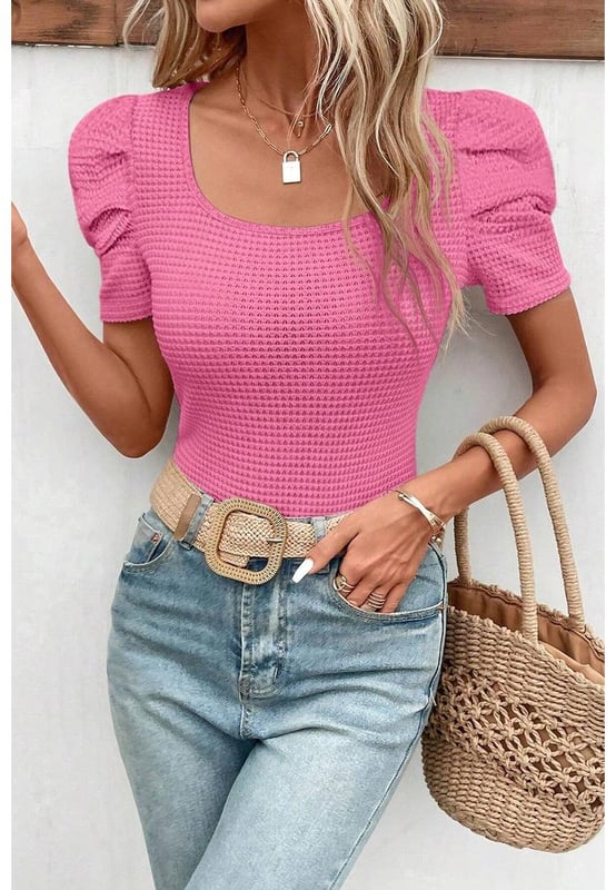 Bright pink color
  Waffle knit texture
  Stretchy and flattering fabric
  Slim fit style
  Ruched puff sleeves
  Sexy neckline
  Textured fabric is on trend
  Perfect for dressing up or down
  Check size chart for proper fit
Material: 95% Polyester 5% Elastane