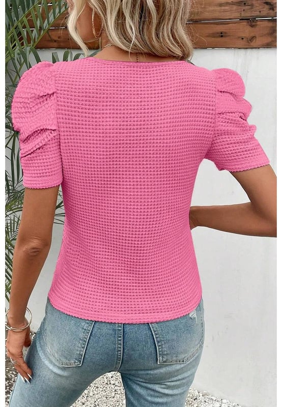 Bright pink color
  Waffle knit texture
  Stretchy and flattering fabric
  Slim fit style
  Ruched puff sleeves
  Sexy neckline
  Textured fabric is on trend
  Perfect for dressing up or down
  Check size chart for proper fit
Material: 95% Polyester 5% Elastane