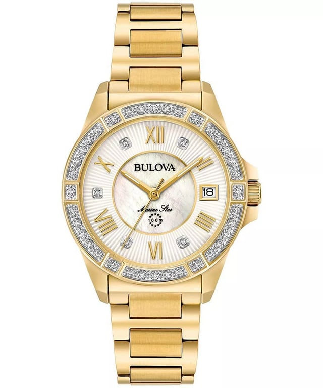 This Bulova Marine Star Analogue Watch for Women is the perfect timepiece to wear or to gift. It's Gold 32 mm Round case combined with the comfortable Gold Stainless steel watch band will ensure you enjoy this stunning timepiece without any compromise. Operated by a high quality Quartz movement and water resistant to 10 bars, your watch will keep ticking. This elegant, fashionable watch set with beautiful stones is a perfect gift for New Year, birthday,valentine's day and so on This Analogue watch has a Calendar function: Date High quality 19 cm length and 15 mm width a Gold Stainless steel strap with a Deployment clasp Case diameter: 32 mm,case thickness: 10 mm, case colour: Gold and dial colour: Mother of pearl