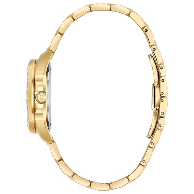 This Bulova Marine Star Analogue Watch for Women is the perfect timepiece to wear or to gift. It's Gold 32 mm Round case combined with the comfortable Gold Stainless steel watch band will ensure you enjoy this stunning timepiece without any compromise. Operated by a high quality Quartz movement and water resistant to 10 bars, your watch will keep ticking. This elegant, fashionable watch set with beautiful stones is a perfect gift for New Year, birthday,valentine's day and so on This Analogue watch has a Calendar function: Date High quality 19 cm length and 15 mm width a Gold Stainless steel strap with a Deployment clasp Case diameter: 32 mm,case thickness: 10 mm, case colour: Gold and dial colour: Mother of pearl