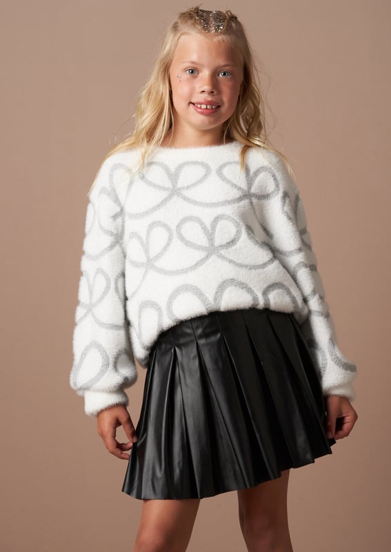 Snow two ways about it. this jumper is the perfect Winter knit! Made from the softest fluffy yarn and adorned with silver lurex bow garland. they'll never want to take it off.
