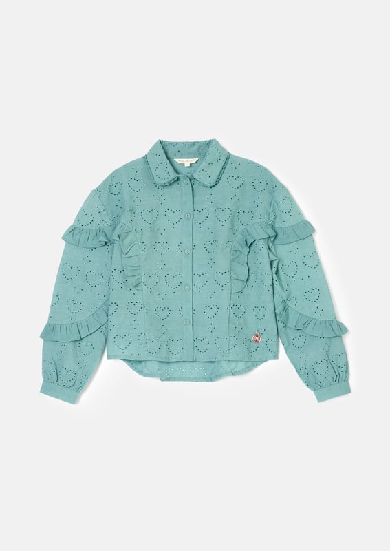 Crafted from intricate broderie anglaise in soft sea   with pretty ruffled sleeves. this blouse is the perfect blend of smart casual dressing.