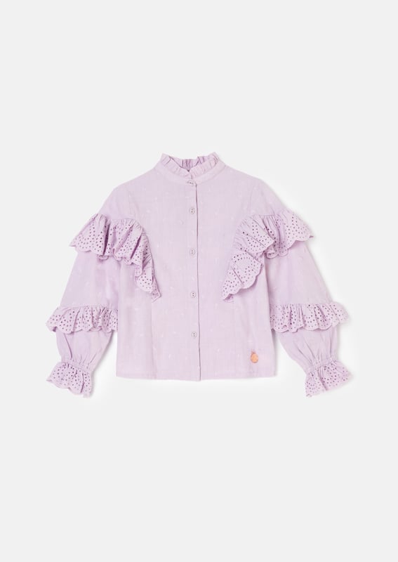 We heart our new blouse with beautiful broderie ruffles on the sleeve and scattered embroidered hearts. Button through with a frill detail collar in the colour of the season. we lilac it a lot!.