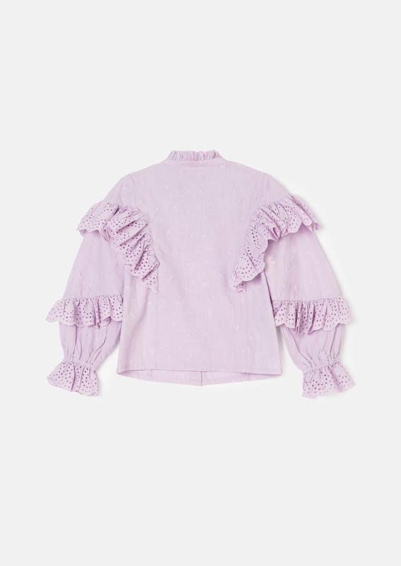 We heart our new blouse with beautiful broderie ruffles on the sleeve and scattered embroidered hearts. Button through with a frill detail collar in the colour of the season. we lilac it a lot!.
