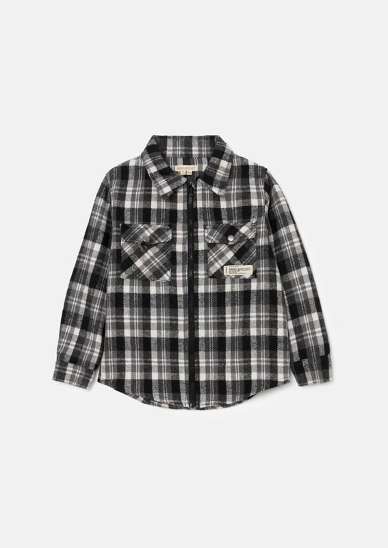 Keep your style in check with this monochrome brushed check shirt. with patch pockets. zip through fastening and a statement back print. Perfect for layering...