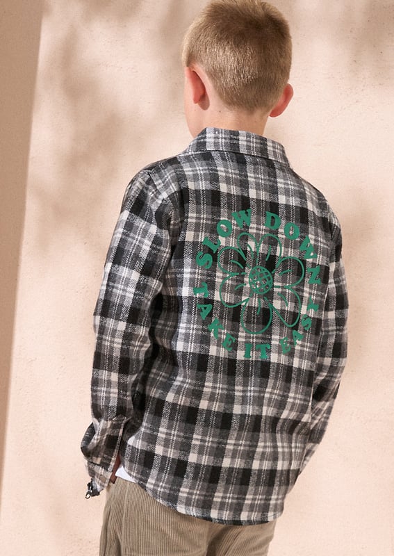 Keep your style in check with this monochrome brushed check shirt. with patch pockets. zip through fastening and a statement back print. Perfect for layering...