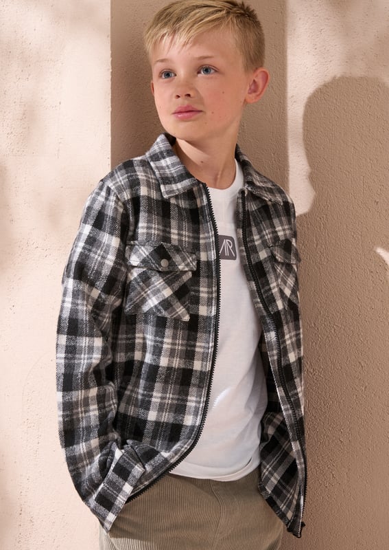 Keep your style in check with this monochrome brushed check shirt. with patch pockets. zip through fastening and a statement back print. Perfect for layering...