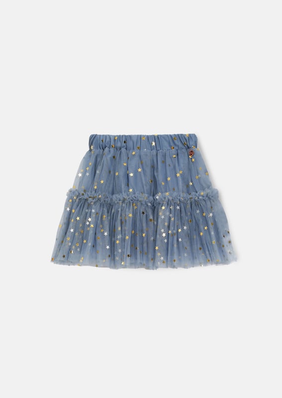 Cue flashbulbs. You will shine like a star in our stunning new skirt. Layers of soft mesh cut into a flippy silhouette and scattered with gold stars. Twinkle-tastic!.