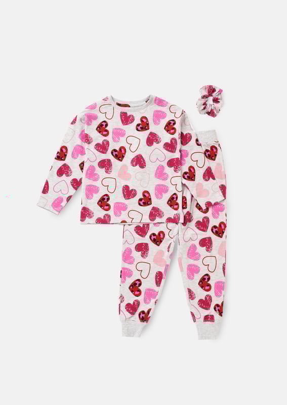 Perfect for your little dreamer. These super cute leopard heart print PJs in classic   marl are made in the softest jersey and come with a matching hair scrunchie. Ideal for gifting. We heart them!.