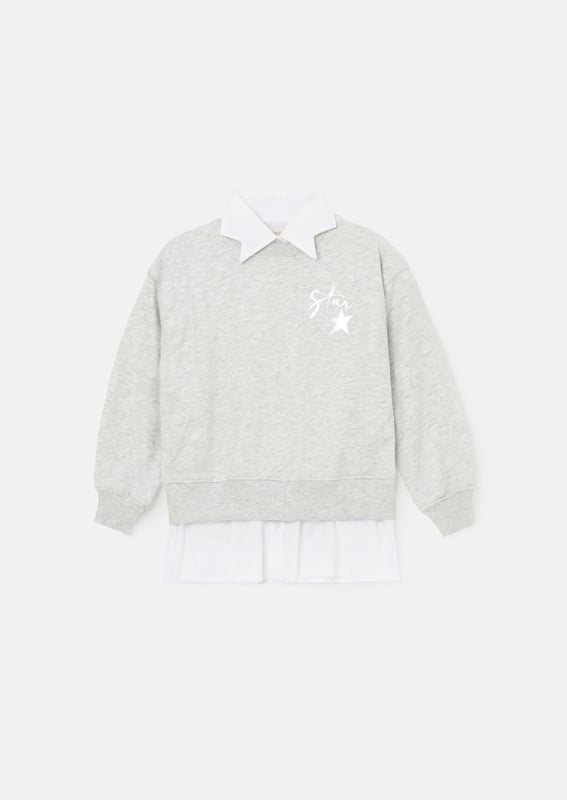Let us do the styling for you with our mock shirt sweat. Crafted from super soft   marl. it features a mock star collar and shirt tail in crisp cotton. and is signed off with a metallic slogan. Perfectly layered and ready to add to your wardrobe!.