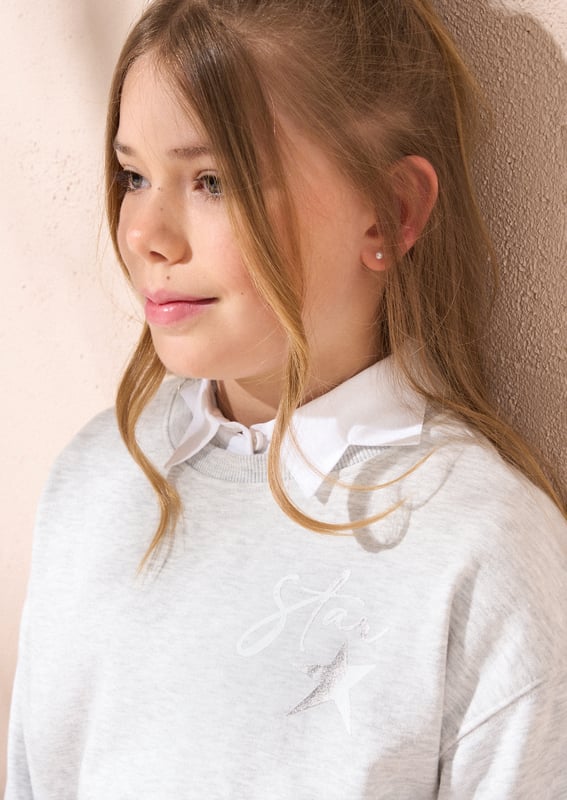Let us do the styling for you with our mock shirt sweat. Crafted from super soft   marl. it features a mock star collar and shirt tail in crisp cotton. and is signed off with a metallic slogan. Perfectly layered and ready to add to your wardrobe!.