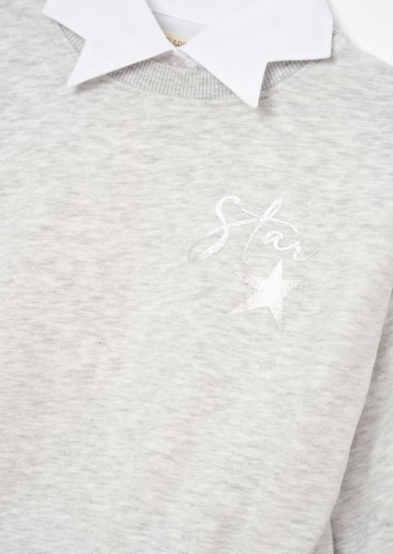 Let us do the styling for you with our mock shirt sweat. Crafted from super soft   marl. it features a mock star collar and shirt tail in crisp cotton. and is signed off with a metallic slogan. Perfectly layered and ready to add to your wardrobe!.