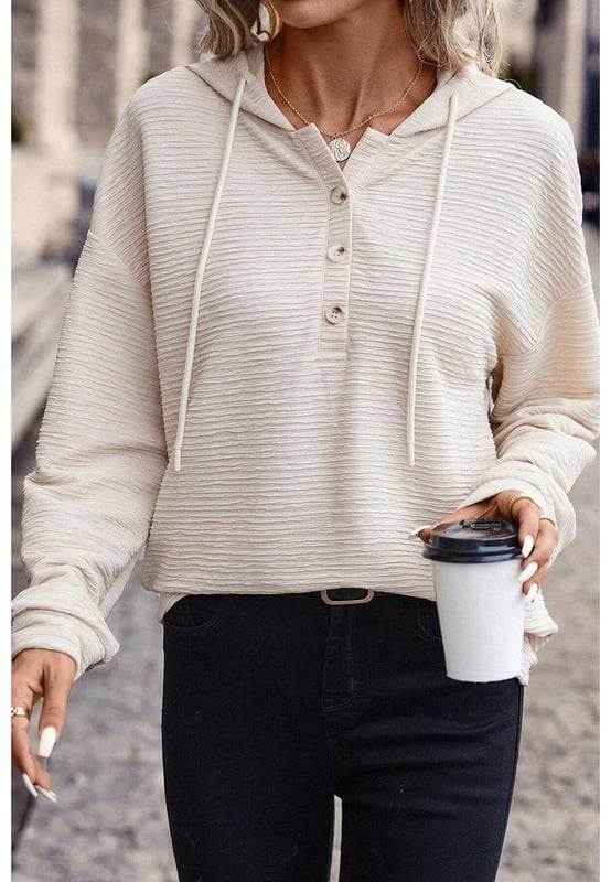 Soft and lightweight
  Trendy color with delicate textures
  Drawstring hood and buttoned split neckline
  Made of high
  quality fabric with high stretch
  Available in various sizes
Material: 95% Polyester 5% Elastane