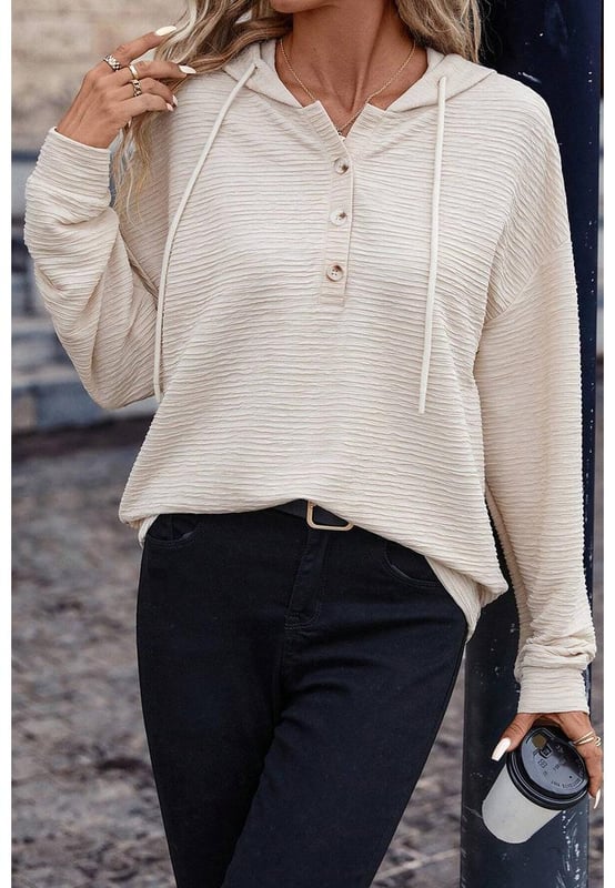 Soft and lightweight
  Trendy color with delicate textures
  Drawstring hood and buttoned split neckline
  Made of high
  quality fabric with high stretch
  Available in various sizes
Material: 95% Polyester 5% Elastane