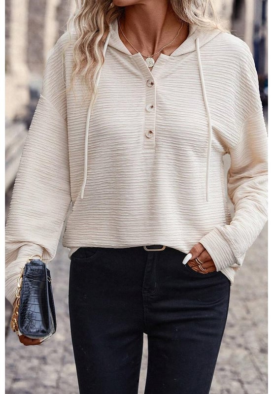 Soft and lightweight
  Trendy color with delicate textures
  Drawstring hood and buttoned split neckline
  Made of high
  quality fabric with high stretch
  Available in various sizes
Material: 95% Polyester 5% Elastane