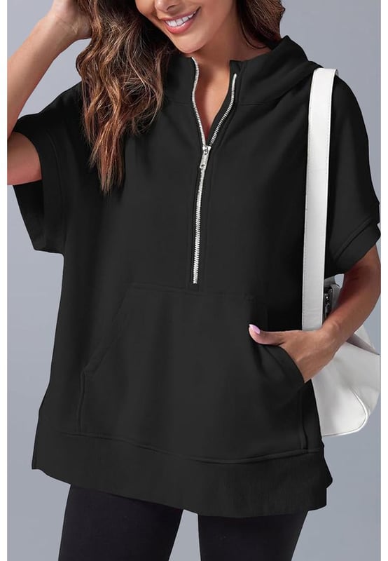 Black half zipper hoodie with kangaroo pocket
  Short sleeves for a casual and comfortable feel
  Stylish hood provides extra coverage
  Versatile and easy
  to
  match wardrobe essential
  Modern twist on classic hoodie design
  Available in various sizes
Material: 65% Polyester 35% Cotton