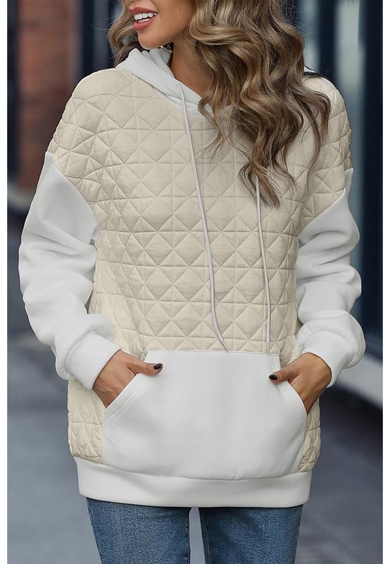 Beige hoodie
  Drop shoulder design
  Quilted patchwork adds texture
  Kangaroo pocket for added functionality
  High
  quality materials
  Comfortable and durable
  Suitable for any gender