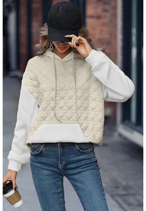 Beige hoodie
  Drop shoulder design
  Quilted patchwork adds texture
  Kangaroo pocket for added functionality
  High
  quality materials
  Comfortable and durable
  Suitable for any gender