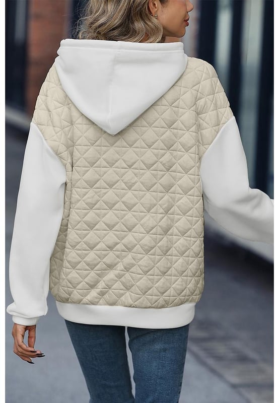Beige hoodie
  Drop shoulder design
  Quilted patchwork adds texture
  Kangaroo pocket for added functionality
  High
  quality materials
  Comfortable and durable
  Suitable for any gender
