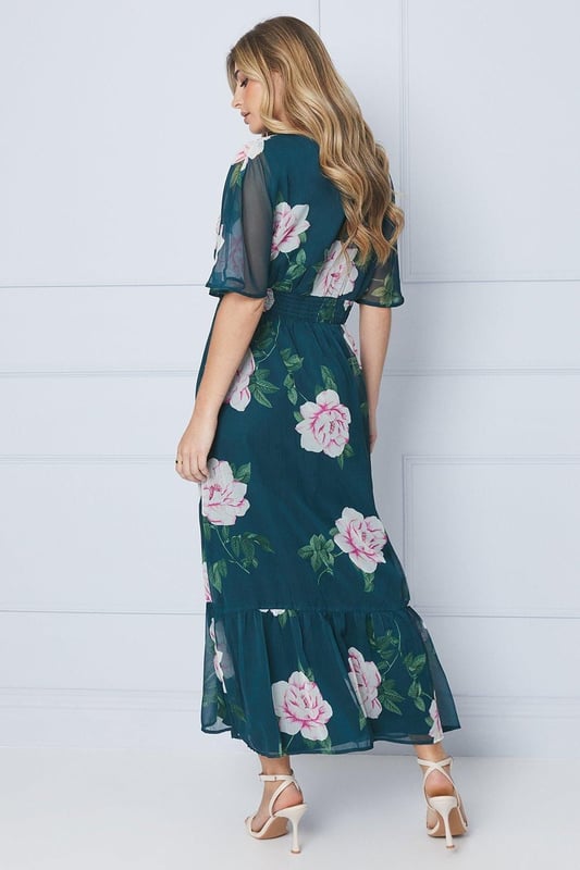 Floral Chiffon Shirred Waist Frill Hem Midi Dress